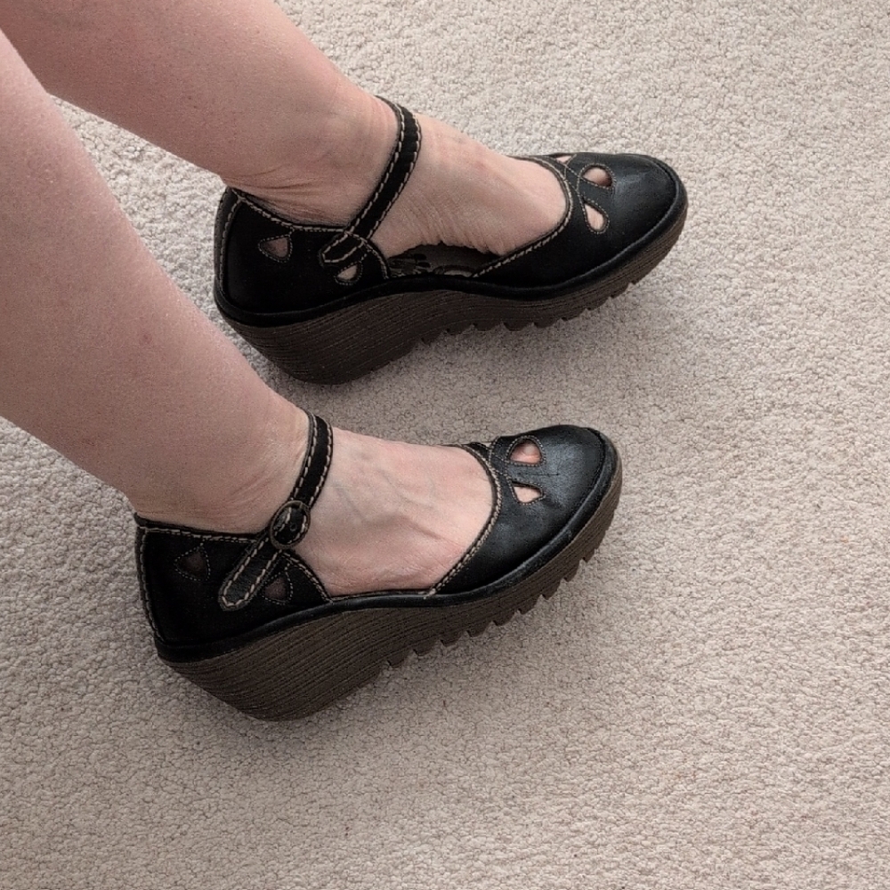Girlhoodcore LONDON FLY Black Leather Wedge Mary Jane Shoes